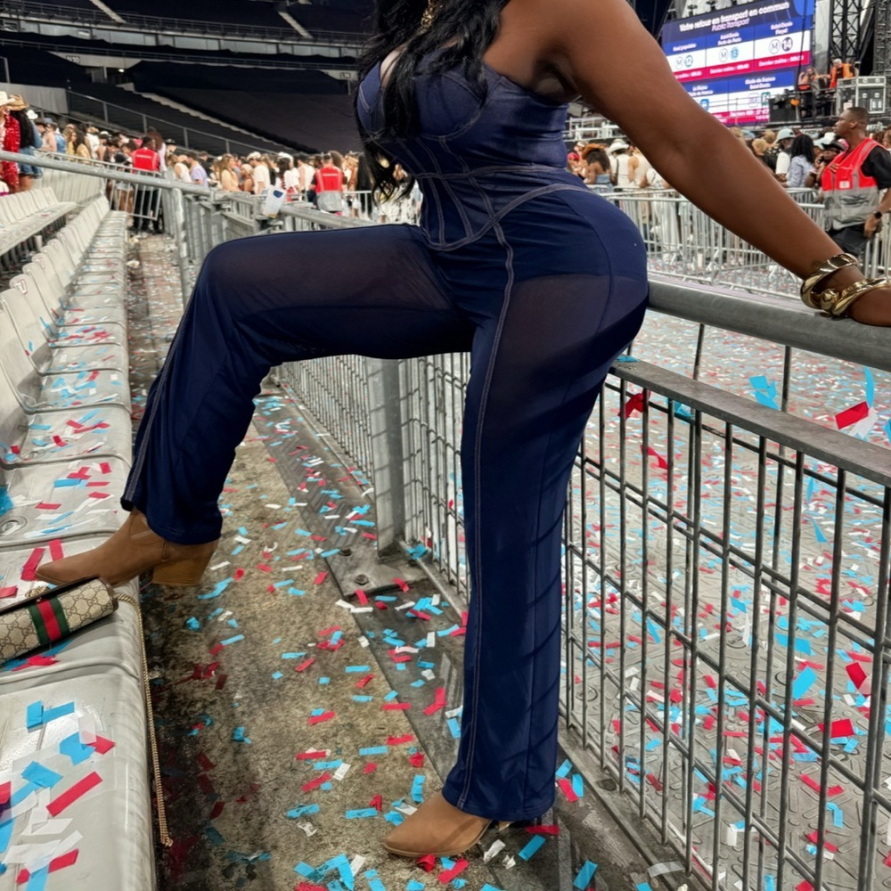 Blue Jean jumpsuit (pants legs are sheer) worn once